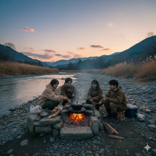 川辺でキャンプしているイメージ図