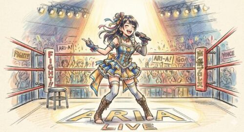プロレスのリングで歌うアイドル声優のイメージ図