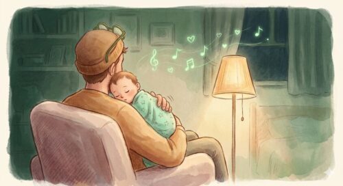 父親が赤ちゃんを寝かしつける図