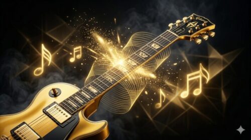 ギターから音楽が奏でられるイメージ図