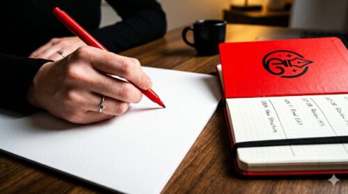 ドラマの主人公である泉京香の役職である編集をイメージした、手帳とメモを強調させる赤ペン