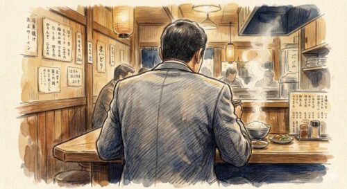 井之頭五郎をイメージした、男性が淡々とひとり食事をしている図