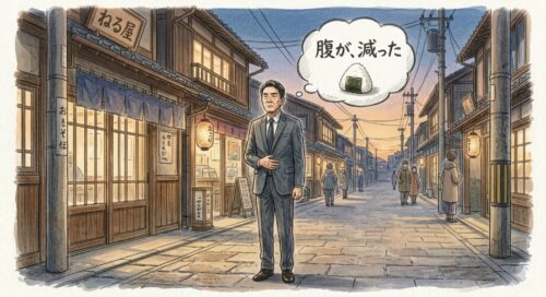 ドラマのように、腹を抑えながら男が「腹が、減った」と思っている図
