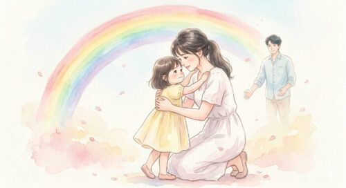 一人で娘を育てる母に、新しい父親が手を貸そうとしてくれているイメージ図