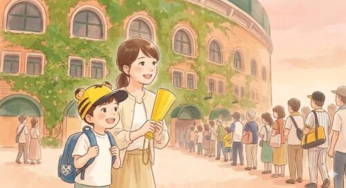 球場のイベントに親子で遊びに来たイメージ図