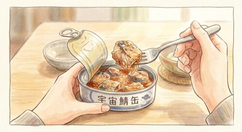 サバ缶を開けて食べようとしている図