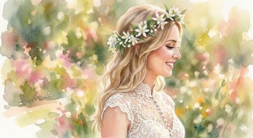 オレンジの花で作ったブーケをかぶった花嫁のイメージ図