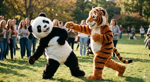 パンダと虎のきぐるみがじゃれあっている