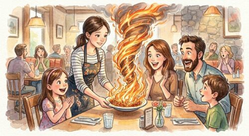 ファミレスで料理を提供するイメージ画