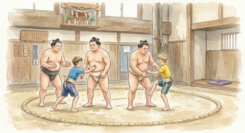 相撲部屋で稽古する少年２人