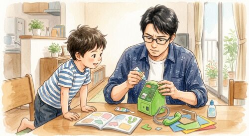 お父さんが子どものために付録を作っていところ