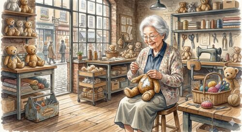 工房で、おばあちゃんがぬいぐるみを修理しているようす