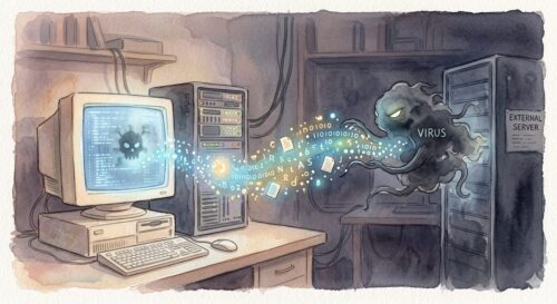 ウイルスによってデータが盗まれてしまっているイメージ図