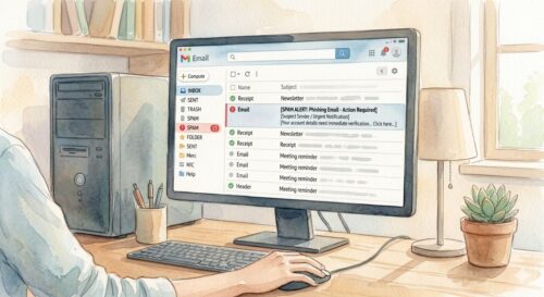 怪しいメールがパソコンに届き、注意しているイメージ図