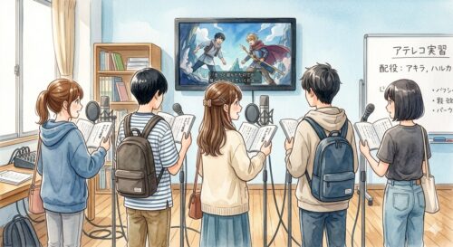 声優志望の学生たちが、ならんでアテレコに挑戦しているところ
