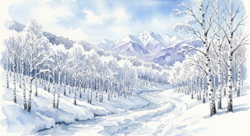白樺が生える雪山