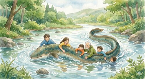鰻が水の中で人々を助けている様子