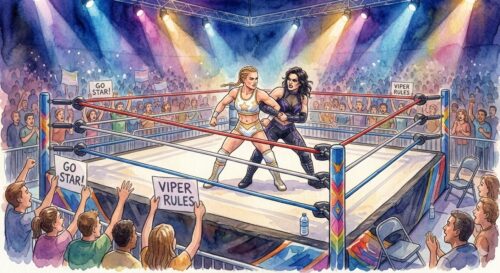 プロレスでベビーフェイスとヒールが試合をしているようす