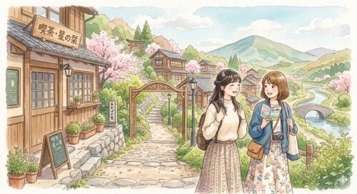 聖地巡礼をする2人組観光客