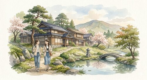 時代劇風の建物を観光する2人組