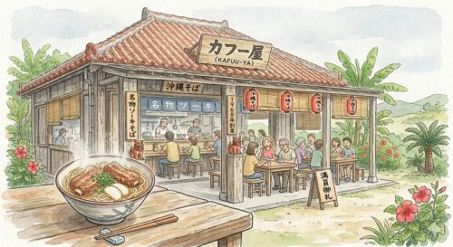 繁盛する沖縄そばの店