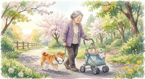 柴犬と、手押し車を手に歩くおばあちゃんのイメージ