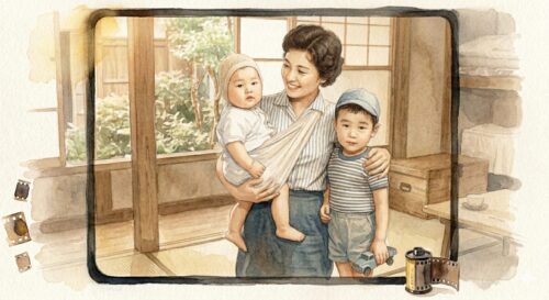 1940年代の母と子ども2人のイメージ