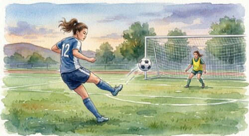 女子サッカー選手が、シュート練習をしている