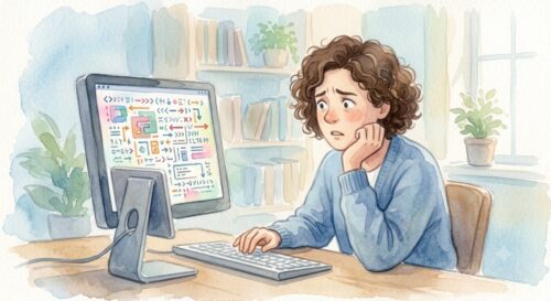 プログラミングって難しいかも・・と考えている図