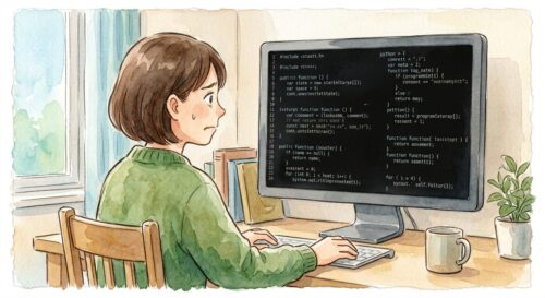 ブラウザが入っていないパソコン画面を見つめる人