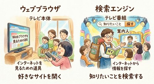 ブラウザと検索エンジンの違いを、簡単に解説した図
